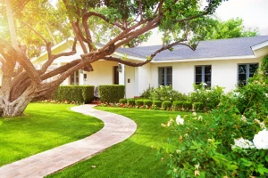 One story home with beautiful landscaping in front.