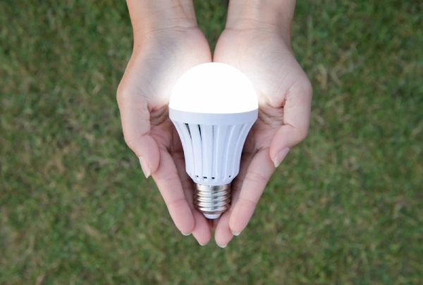 Energy efficient light bulb in open palms.