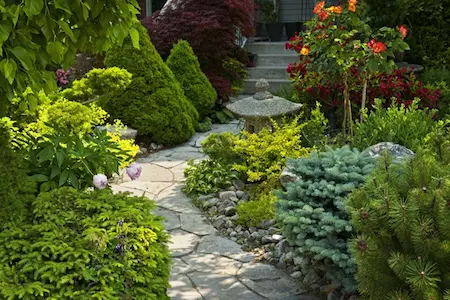 Winding stone garden path landscaped with shrubs, flowering plants, and pebbles.